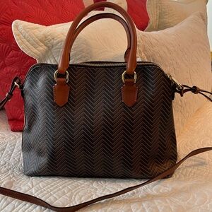 Lauren Ralph Lauren Chevron Satchel in Dark Brown with Tan Handles